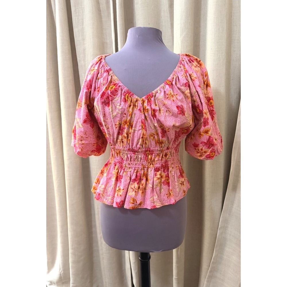 LOFT Women Pink Floral Puff Sleeve Smocked Peplum Top Medium Boho Tropical